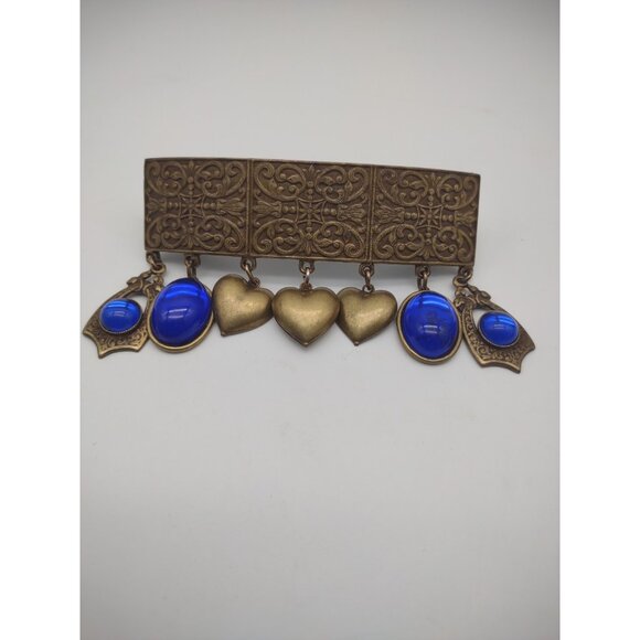 Vintage Rare French Charms Hair Barrette Clip Brass Tone Metal Cobalt Blue Glass main image 8